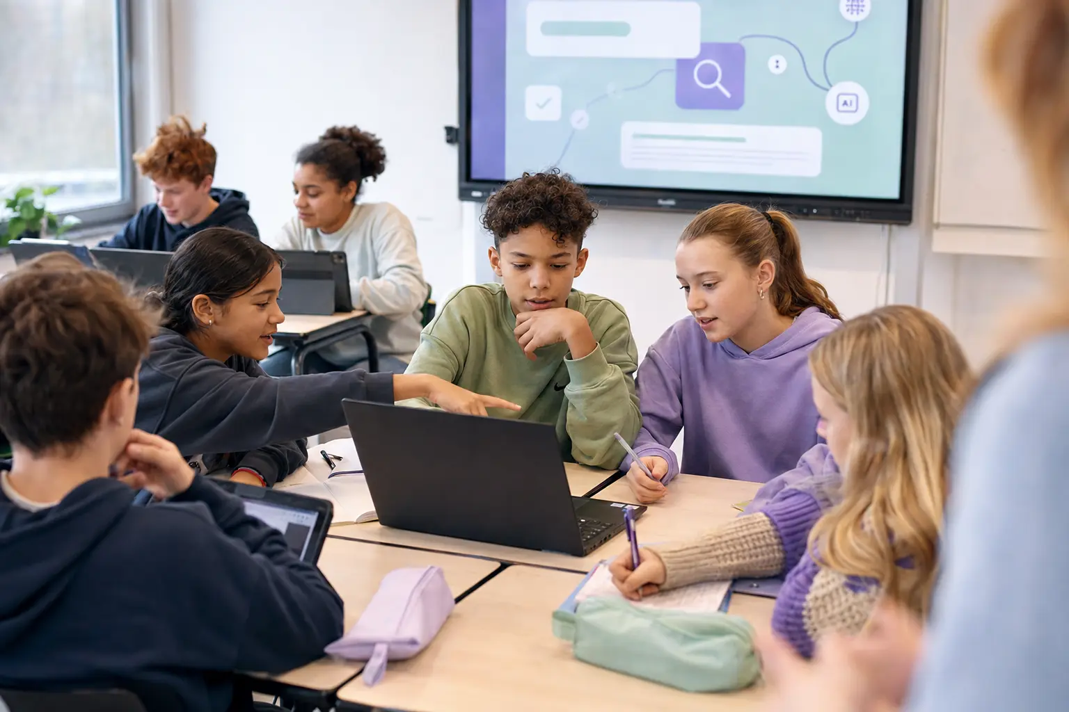 Leerlingen onderzoeken samen digitale informatie tijdens een les digitale geletterdheid